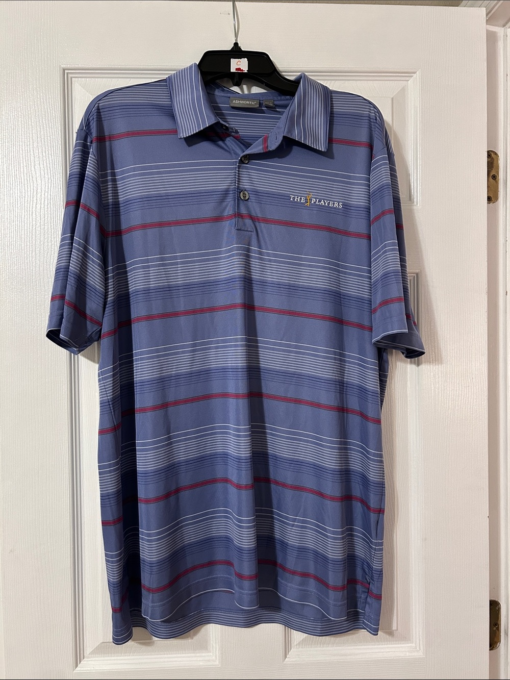 Ashworth The Players TPC Light Blue Striped Golf Polo with Red Trim